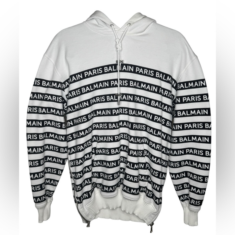 BALMAIN Black & White Logo Hoodie with side zippers 100% Authentic Size 36